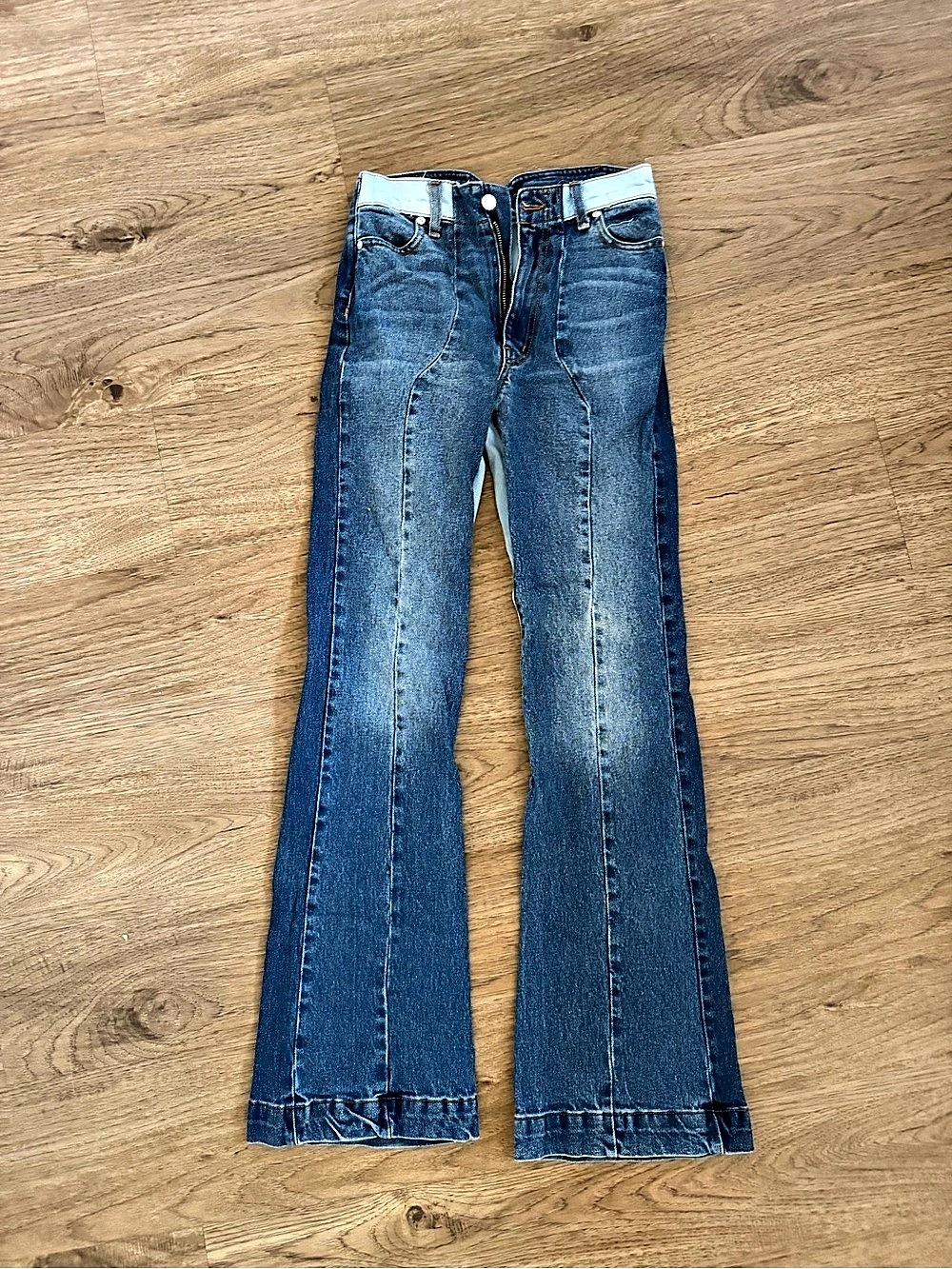 REVICE Heart Back Flare Jeans in Dark & Light Blue Denim Waist 24